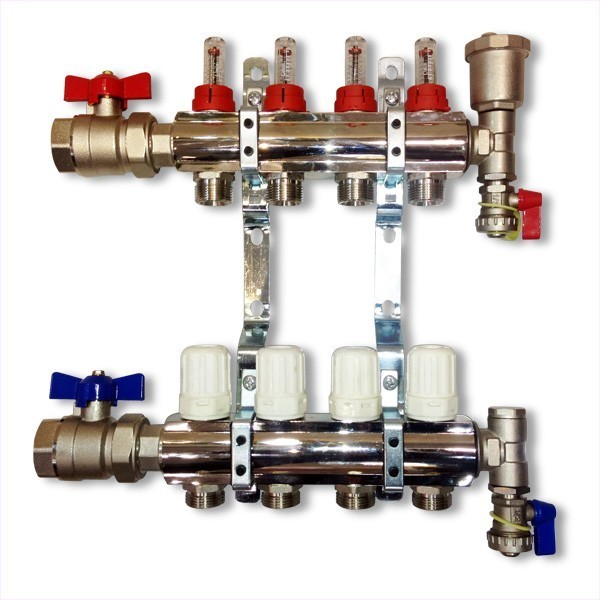 3-Way brass/nickel plated manifold including 6 x pipe connectors